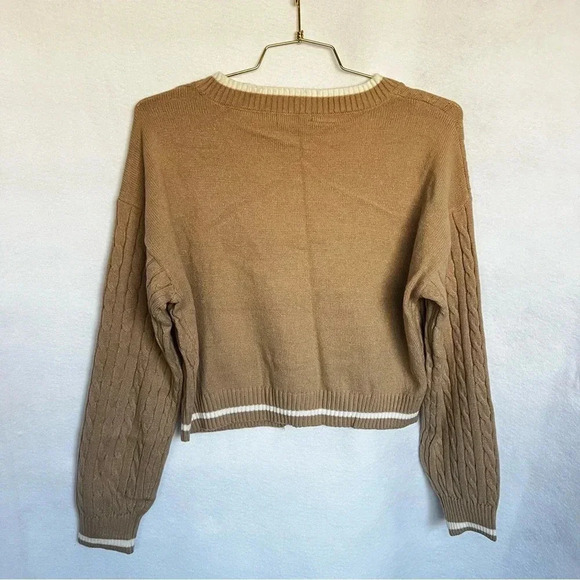 Cardigan Sweater Cable Knit Oversized Boxy Cropped Khaki Brown Long Sleeve Cozy - Picture 5 of 8